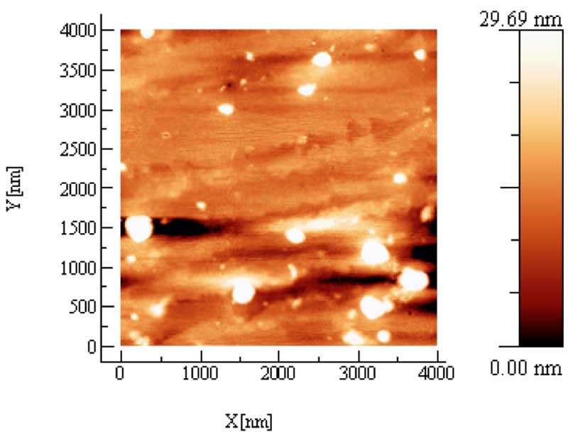 Figure 4b: AFM topography of a few drops, 3-5, of liquid Milli-Q water kept in contact with glass powder for long time (control). The XY scale of the picture is 4×4 μm. The different color code from bright to dark indicates the Z height of the clusters.