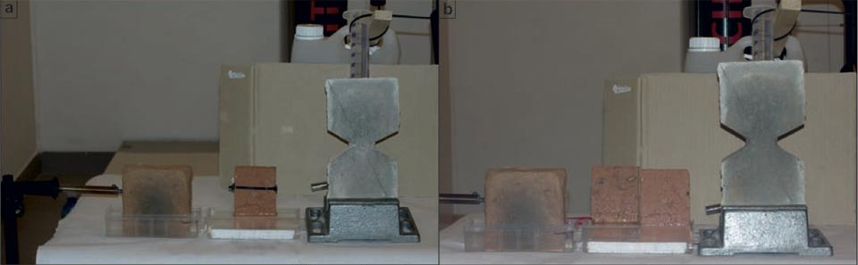 Figure 3: Water capillarity in high-efficiency bricks. a, b, Photographs of the set-up. c-l, IR photographs (see main text). Tables show the radiant temperatures measured in the indicated regions of the IR photographs. c, d, Diffusion in a sample cut in two parts: in contact (c), and separated (d). e-g, Water added to the centre of the hourglass shaped brick (see main text). h-l, Thermal effect due to the contact of an electric soldering iron with 50 W of power on the left side of the brick (see main text).