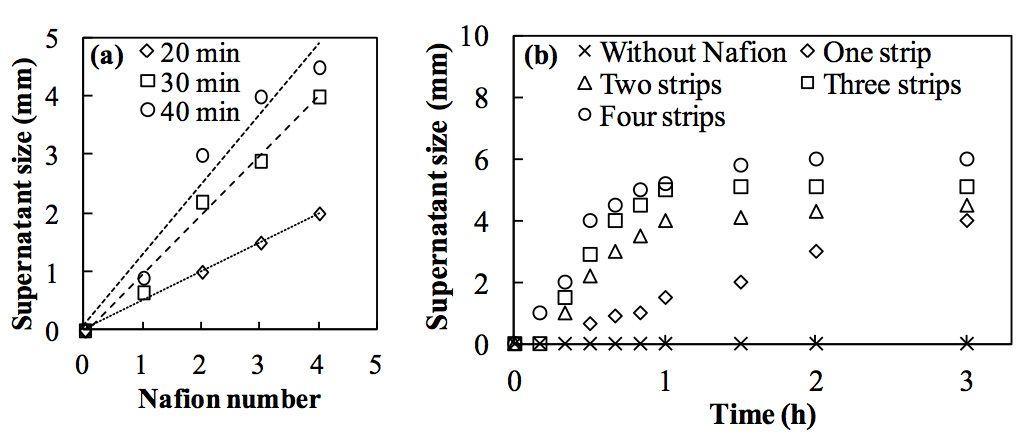 Figure 3: Effect of Nafion surface area on the supernatant size in a carbon black suspension (2.4 × 1011 /mL). (a) Relationship between the number of Nafion strips and the supernatant size at 20, 30, and 40 min. (b) Time course of supernatant sizes with 0 to 4 Nafion strips.